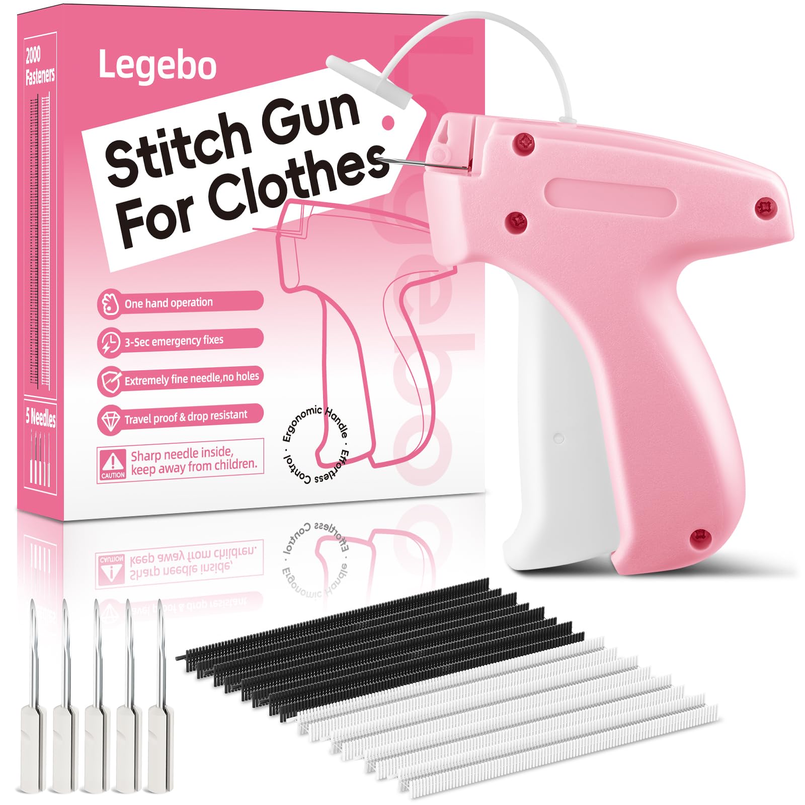 Stitch Gun for Clothes, Handheld Stitch Gun Quick Clothing Fixer, Portable Tagging Gun for Home & Retail Use, Includes 6 Needles,1000 Black & 1000 White Fasteners (Pink,1pcs+2000tag)