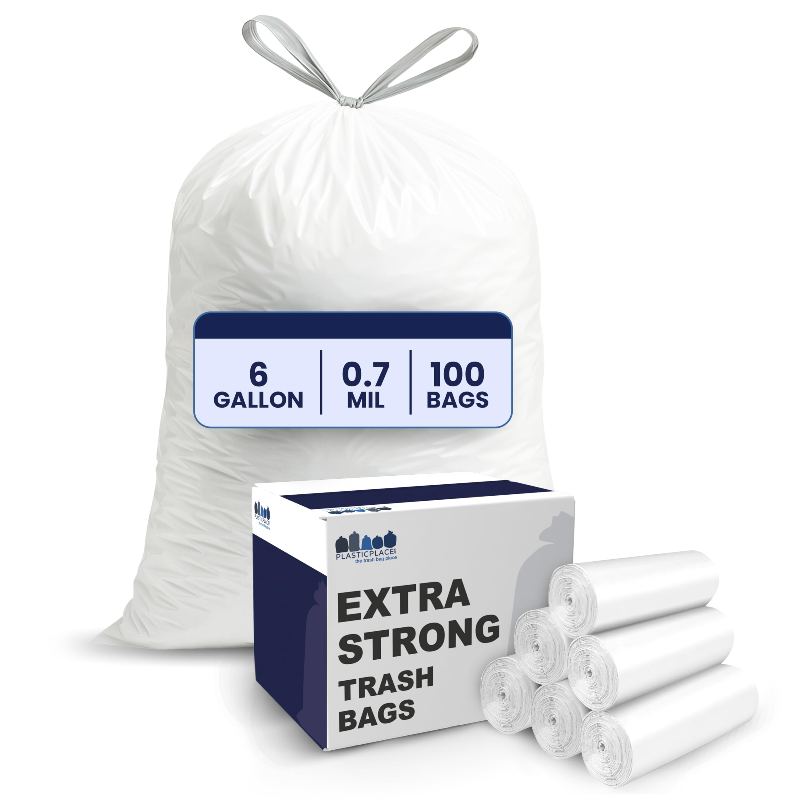 Plasticplace 6 Gallon Trash Bags White Drawstring Garbage Can Liners, 17” x 20”, 100 Count, for Bathroom Kitchen Office Car Small Trash Bags, Leak-Proof & Tear-Resistant