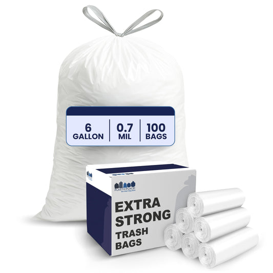Plasticplace 6 Gallon Trash Bags White Drawstring Garbage Can Liners, 17” x 20”, 100 Count, for Bathroom Kitchen Office Car Small Trash Bags, Leak-Proof & Tear-Resistant
