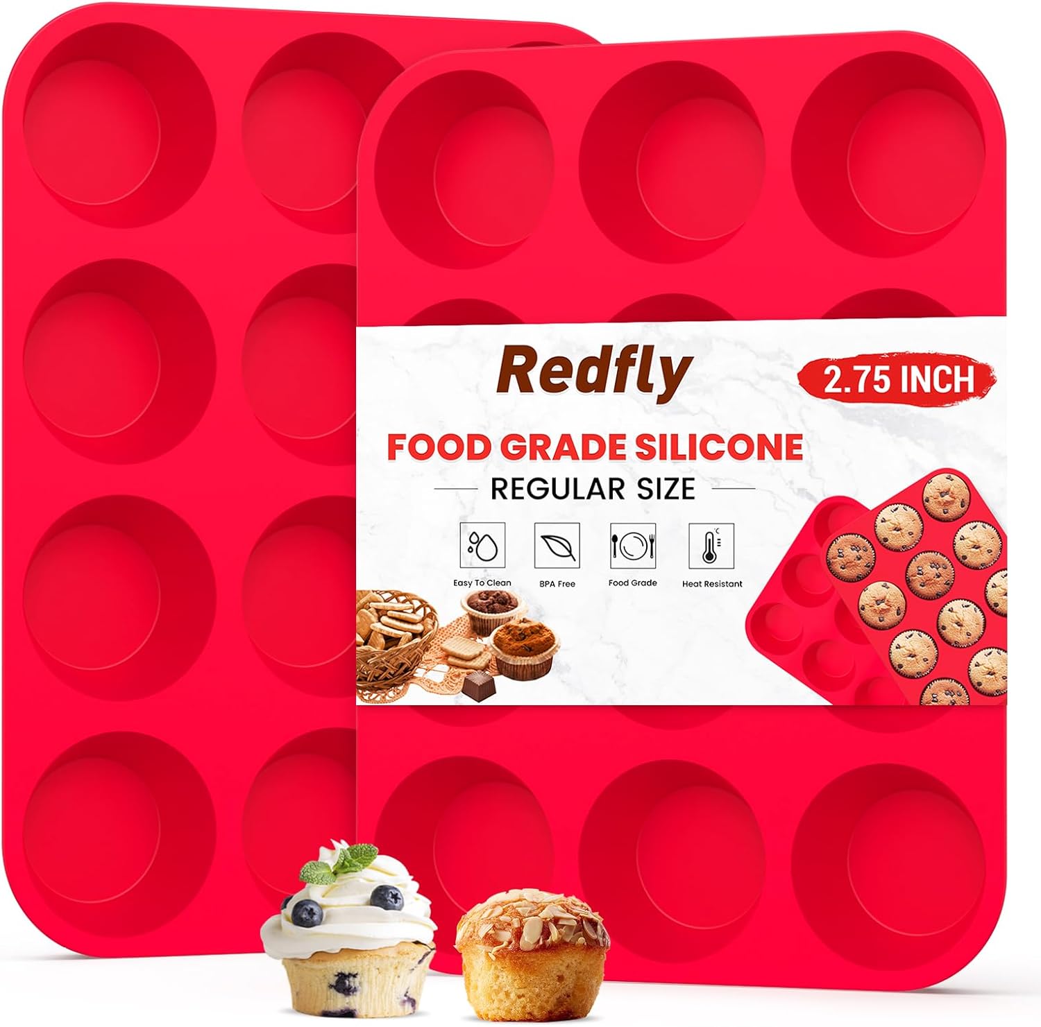 Redfly 2 Pack Silicone Muffin Pan & Cupcake Pans for Baking - 12 Cup Regular Size BPA Free Egg Bites Molds