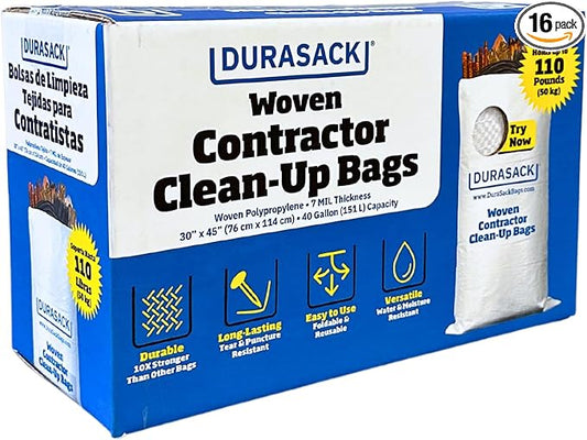 DURASACK Contractor Bags Heavy Duty 40-Gallon Reusable White Woven Polypropylene Contractor Garbage Bags, Pack of 16