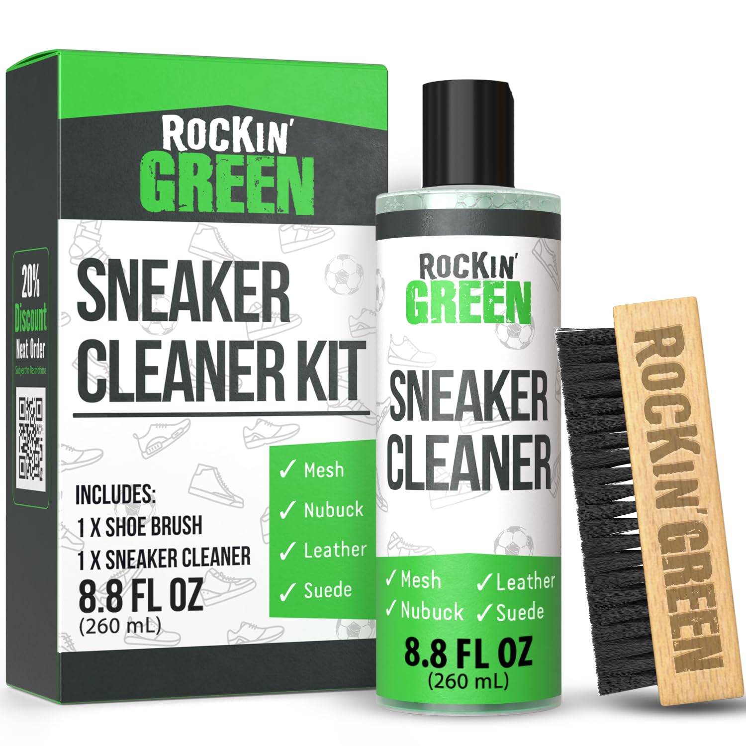 Rockin'Green Shoe Cleaning Kit - Shoe Cleaner Sneakers Solution with Brush Included - Sneaker Cleaner Kit Safe for Mesh, Nubuck, Leather, Suede - Deep Refresh Care Kit (8.8fl oz)