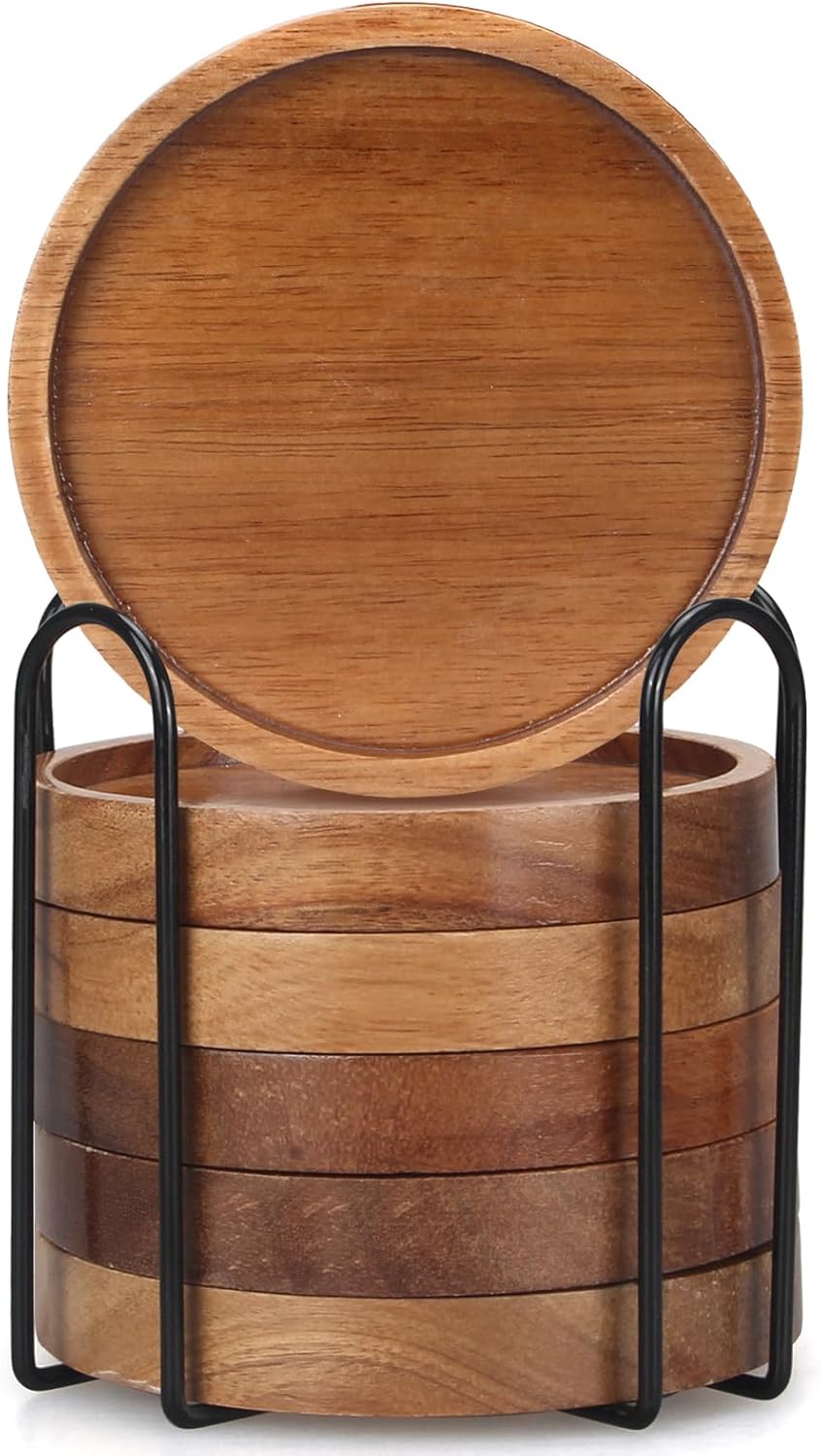 6 Pcs Best Wooden Coasters with Holder Coffee Table Decor Acacia Wood Coaster Set Modern Cup Coaster for Drink Home Dining Table Kitchen Accessories Cute Beer Bar Decorative Rustic Outdoor Coasters