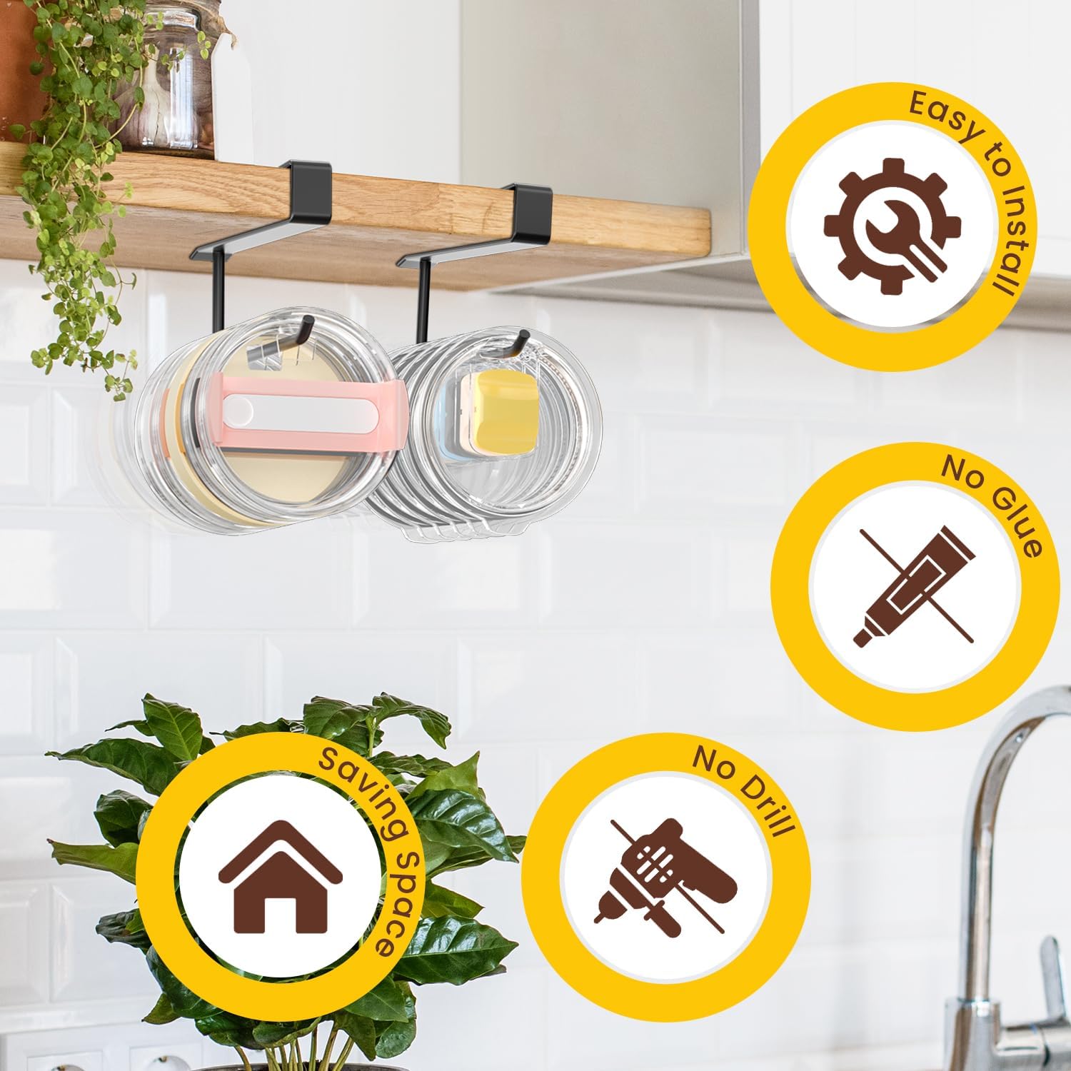 2 Pack Tumbler Lid Organizer, Under Cabinet Cup Lid Holder for Yeti Insulated Mug/Stanley Insulated Mug/Simple Modern Insulated Mug Lid, No Gluing, No Drilling, Up to 10 Lids (Black)