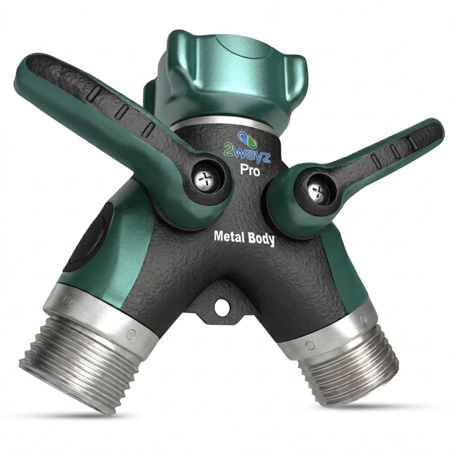 2WAYZ Hose Splitter 2 Way Heavy Duty Outdoor Faucet and Garden Connector - Water Spigot Splitter - Durable All-Metal Y Adapter with Shut-Off Valve - 4 x 4 x 1.5 Inches