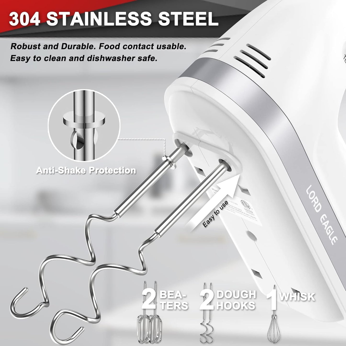 Lord Eagle Hand Mixer Electric Handheld 400W, 5-Speed Lightweight Kitchen Mixer with Storage Case, 5 Stainless Steel Attachments for Baking Cake Egg Cream Food Beater, Turbo+Eject Button