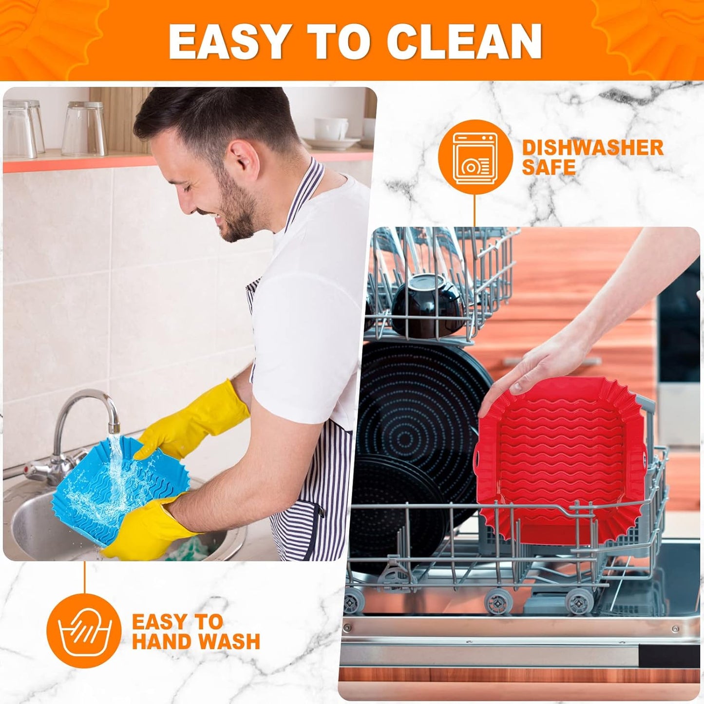 2 PCS Square Silicone Air Fryer Liners - 8 Inch Reusable Air Fryer Pot - Air Fryer Accessories - Air Fryer Inserts for 4 to 7 QT Oven Microwave Accessories (Red + Blue)