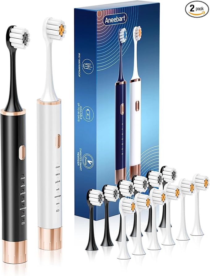 Aneebart Sonic 2 Pack Electric Toothbrush for Adults and Kids, Travel Toothbrush Includes 12 Replacement Toothbrush Heads, 6 Modes with 2 MIN Smart Timer (Black White)