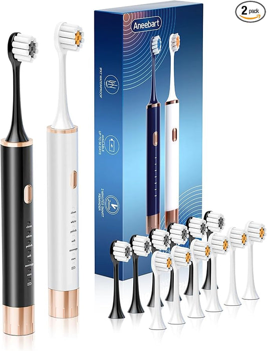 Aneebart Sonic 2 Pack Electric Toothbrush for Adults and Kids, Travel Toothbrush Includes 12 Replacement Toothbrush Heads, 6 Modes with 2 MIN Smart Timer (Black White)
