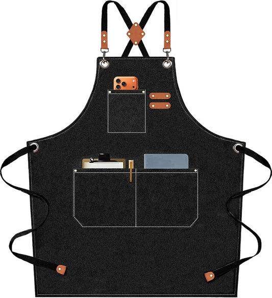 AFUN Chef Aprons for Men Women with Oversized Pockets, 16-Ounce Cotton Canvas Cross Back Heavy Duty Work Apron (Black)