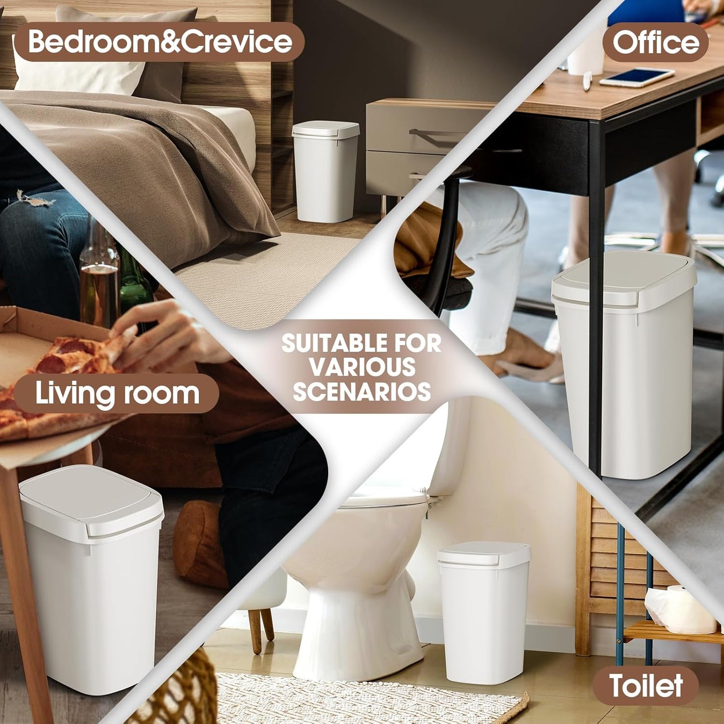 CEROELDA 3 Pack Bathroom Trash Can with Lid, 10L/2.6 Gal Small Garbage Can with Press Top Lid, Slim Plastic Waste Basket for Toilet, Office, Bedroom (Muti 1)