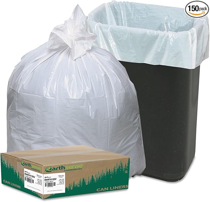 Earthsense Commercial RNW1K150V Recycled Can Liner, 13 gal, .85 mil, 24" x 33", White (Pack of 150)