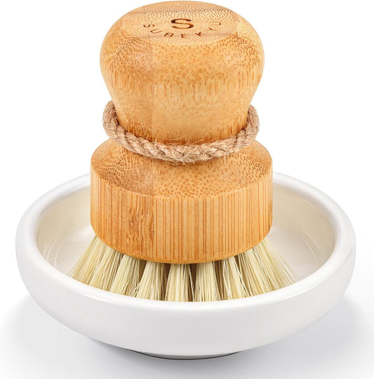 SUBEKYU Bamboo Dish Scrub Brush for Kitchen Sink, Natural Wooden Washing Dish Brush Scrubber with Sisal Bristles for Household Cleaning, Cast Iron Pots, Pans and Vegetables