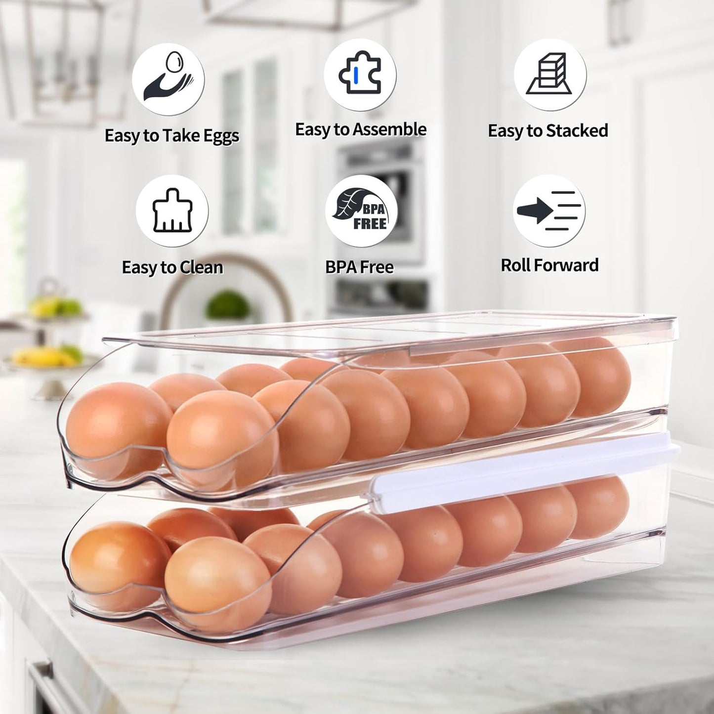 Egg Holder for Fridge, Automatic Rolling Egg Container for Refrigerator, Stackable Fridge Organizers and Storage with Lid, Clear Plastic Egg Dispenser & Tray (2 Tier)