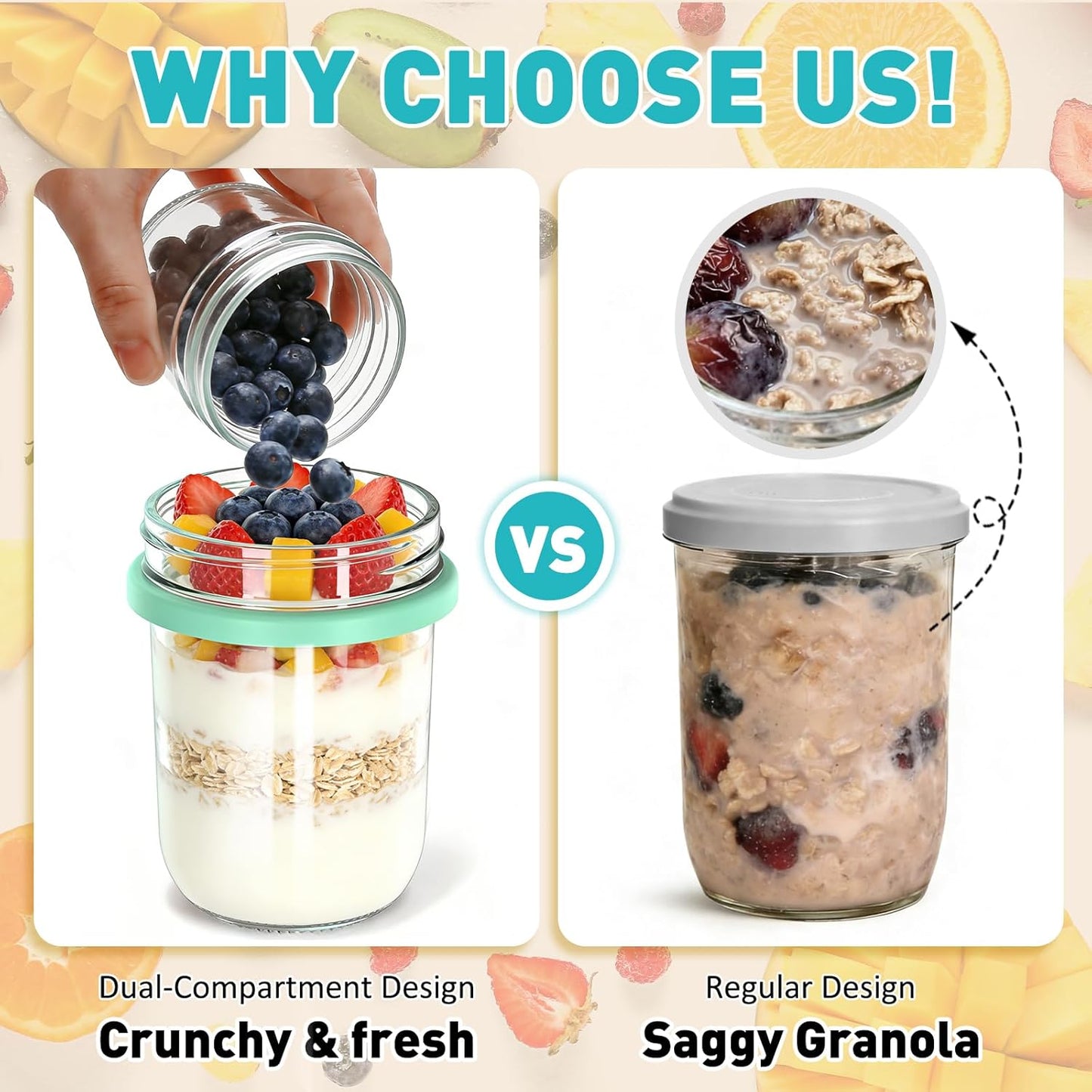 4 Pack Overnight Oats Containers with Lids and Spoons, 20 oz (16+4) Overnight Oats Jars with Dry and Wet Separation for Oatmeal Cereal Fruit Salad Yogurt, Dual-Layer Yogurt Containers with Lids