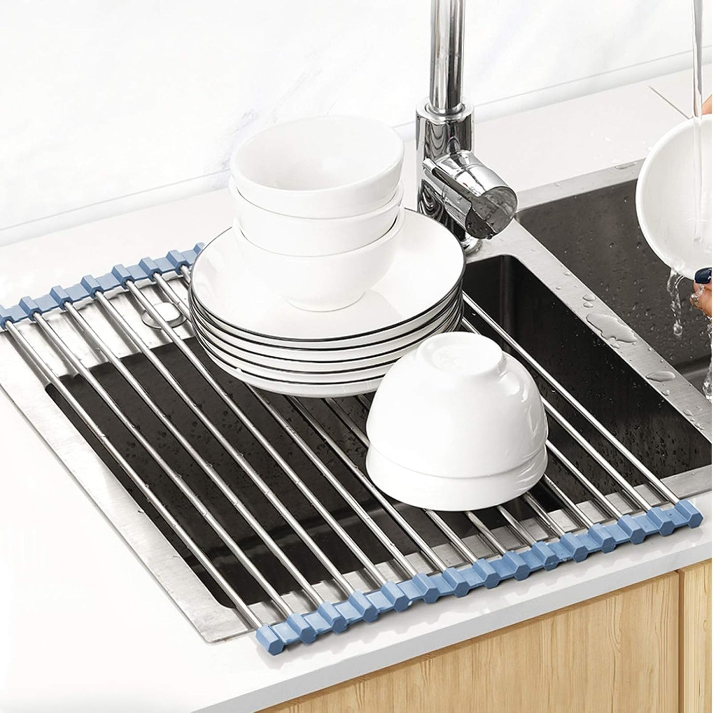 MECHEER Over The Sink Dish Drying Rack, Roll Up Dish Drying Rack Kitchen Dish Rack Stainless Steel Sink Drying Rack, Foldable Dish Drainer, 17.5''x11.8''