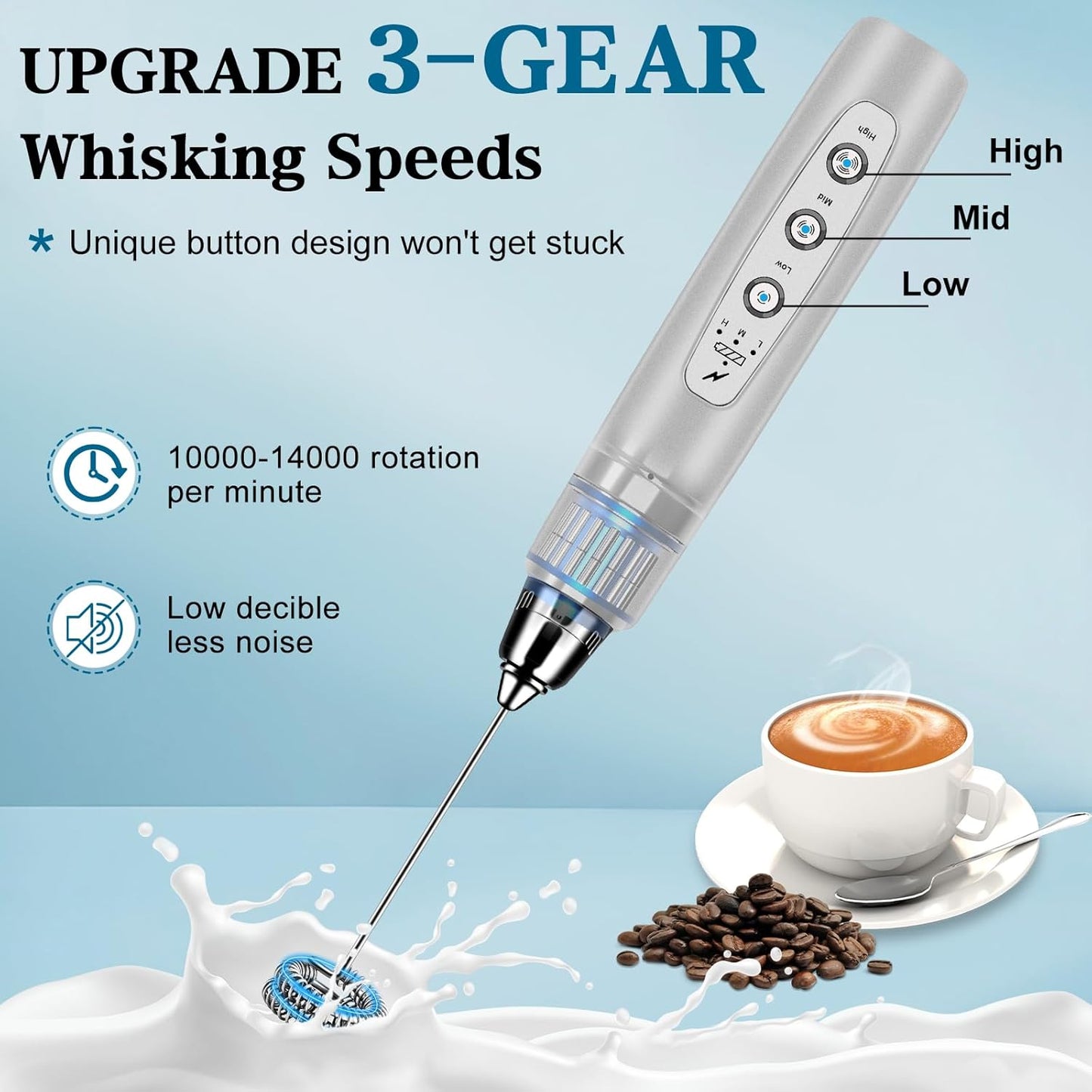 YUSWKO Black Handheld Milk Frother Wand for Coffee, Rechargeable Electric Whisk with 3 Heads 3 Speeds Drink Mixer Coffee Frother For Latte, Cappuccino, Hot Chocolate, Egg