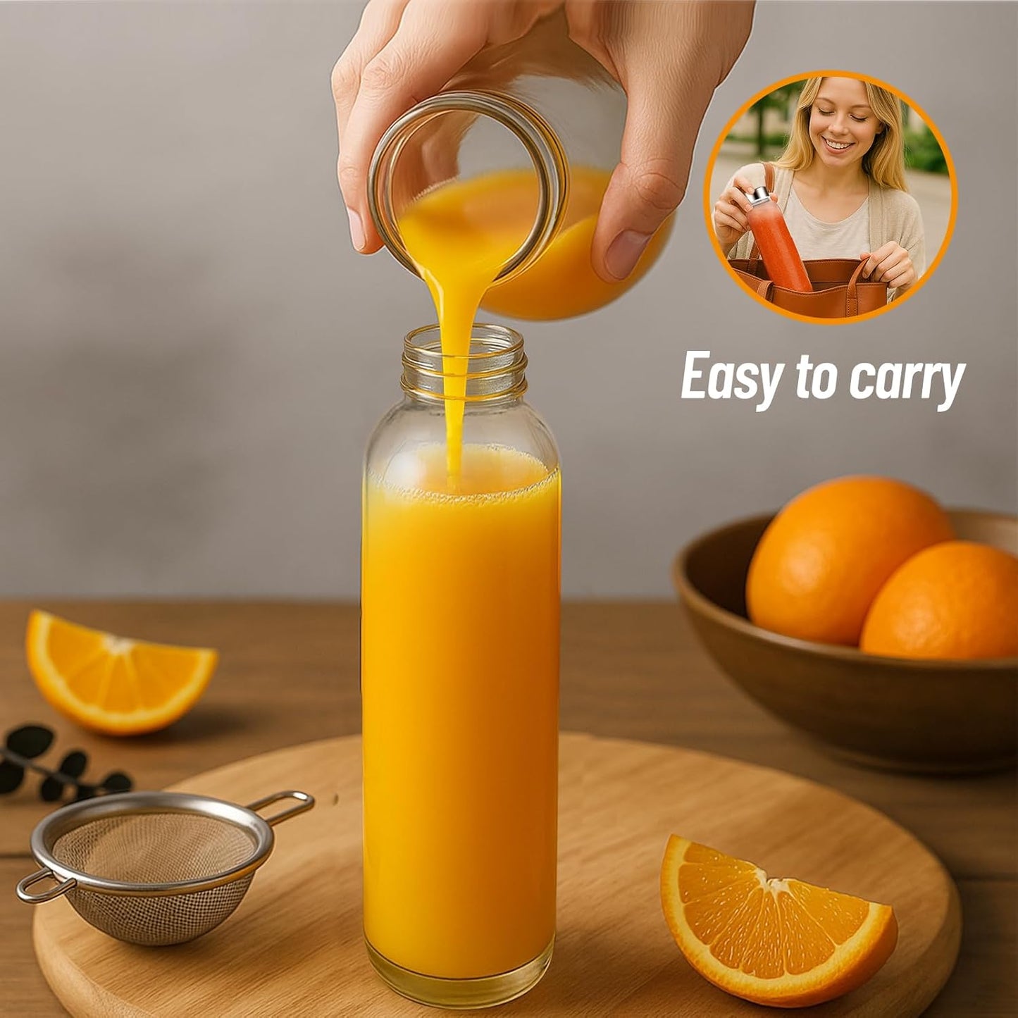 Clear Glass Bottles with Lids 18 oz, Reusable Glass Water Bottles with Stainless Steel Cap for Refrigerator, Juicing, 100% Leak Proof, BPA Free, Juice Bottle Drinking Jar Containers Set of 6