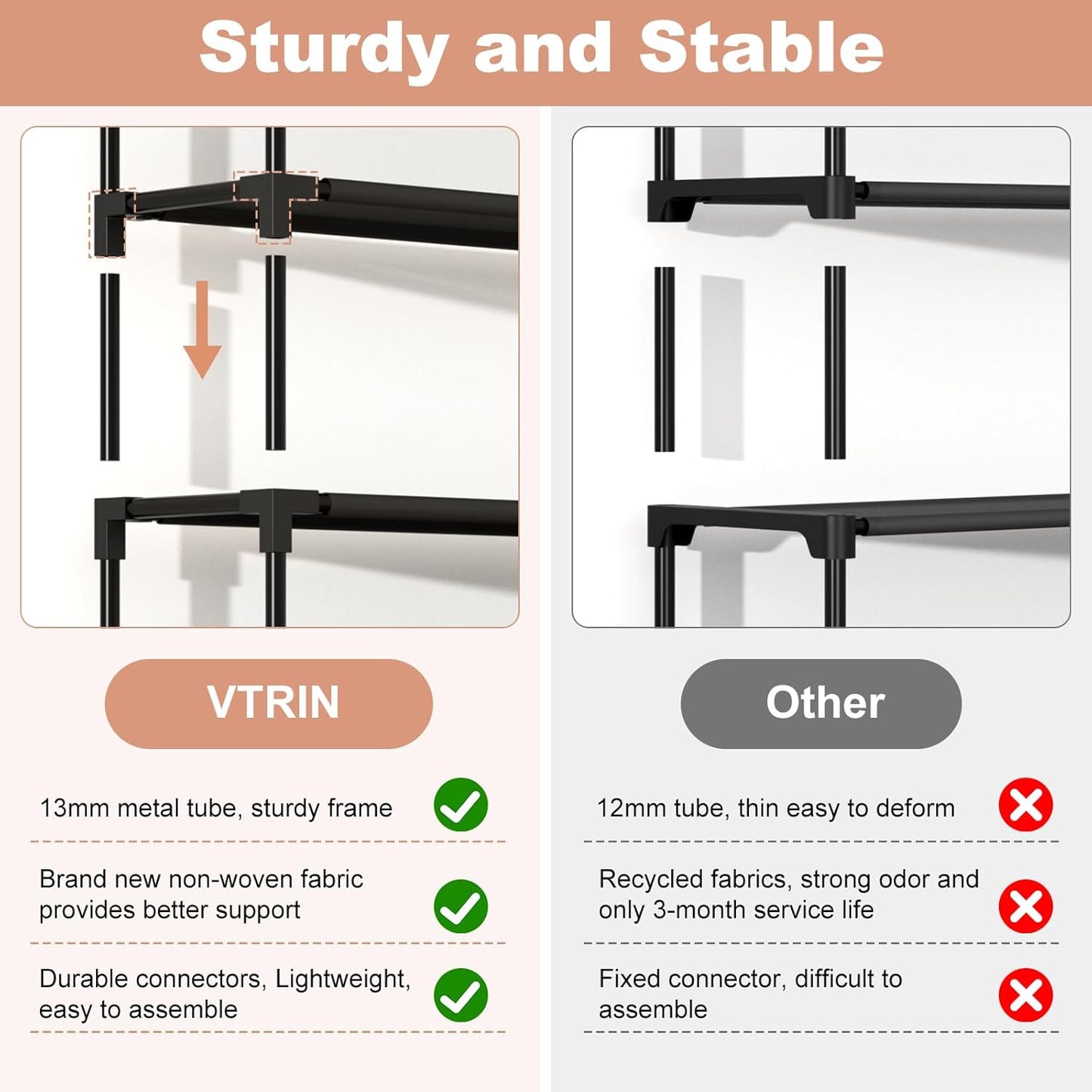 VTRIN 10 Tier Shoe Rack Tall Large Capacity 50 Pair Wide Shoe Organizer with Two Hooks Sturdy Metal Shoe Shelf for Entryway, Closet, Bedroom