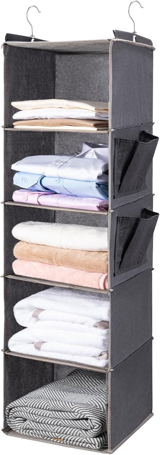 BOOMIBOO Hanging Closet Organize and Shelves，5-Hanging Shelf with 2 Side Pockets，Storage Foldable （Grey）