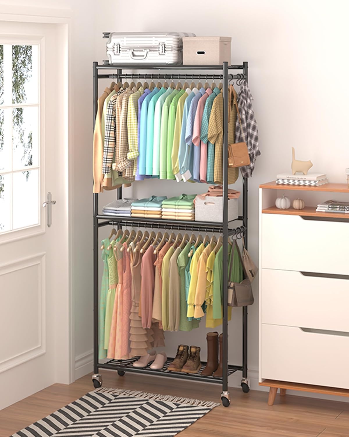 Clothes Rack - 33.0" x 12.2" x 79.5" Clothing Rack with Shelves & Wheels, Multi-Functional Wardrobe Closet with Hooks, Sturdy Metal Garment Rack for Bedroom, Laundry, Balcony (Black)