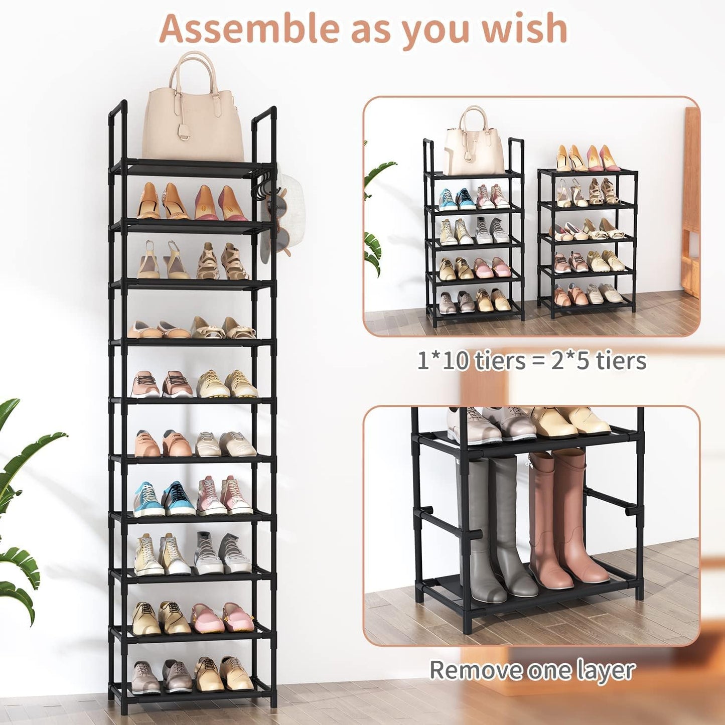 10 Tiers Tall Shoe Rack 20-25 Pairs Boots Organizer Storage Sturdy Narrow Shoe Shelf for Entryway, Closets with Hooks, Black