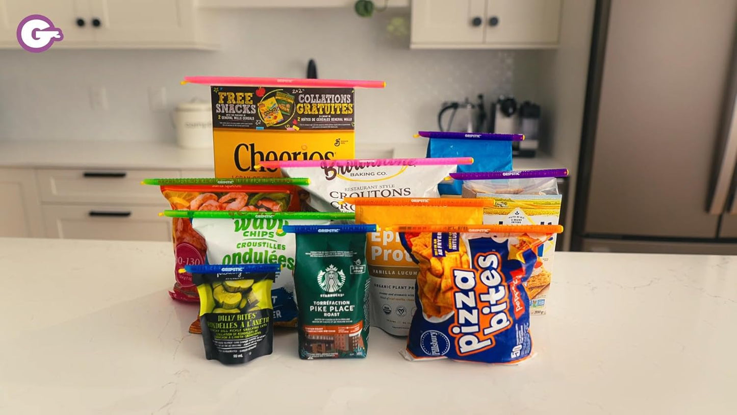 GripStic Bag Clips. 12pc Durable Food Clip Set For Kitchen Storage. Reusable Chip Bag Clips. Color Coded Bag Closure Sticks Provide Air Tight Seal. Chip Clips Reinvented.