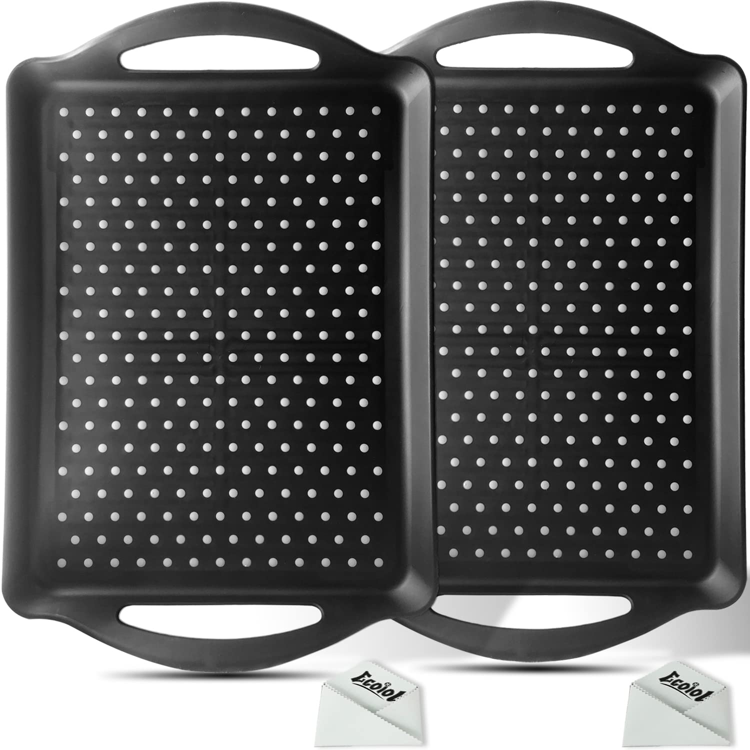 ECOIOU Non Slip Food Serving Tray with Handles, 2-Pack Rectangle Anti-Slip Non-Toxic Dishwasher Safe Tray for Snack Fruit Dessert Breakfast Drink,Black