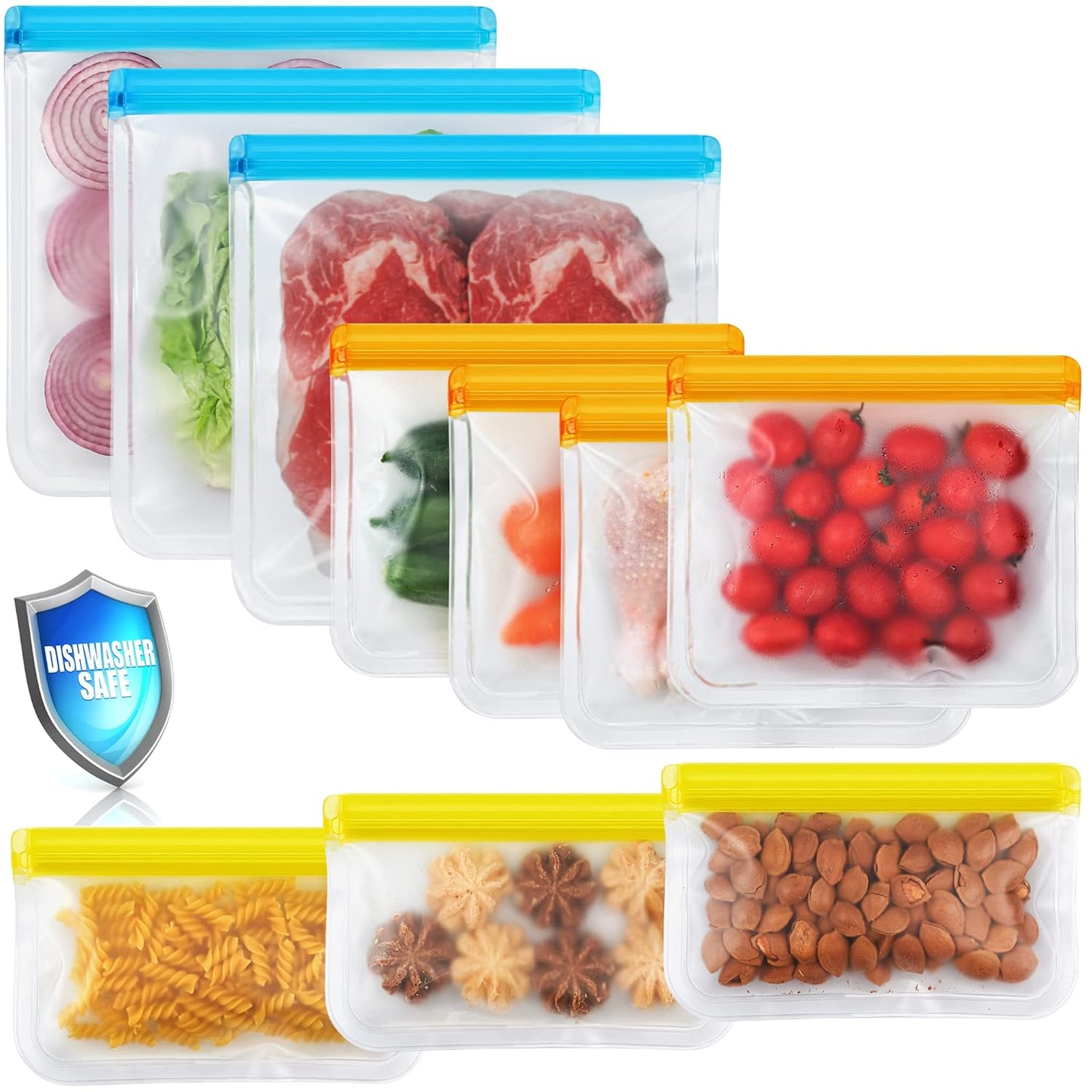 10 Pack Dishwasher Safe Reusable Bags, Leakproof Reusable Freezer Bags, BPA Free Food Storage Bags for Lunch Marinate Food Travel - 3 Gallon 3 Snack 4 Sandwich Bags