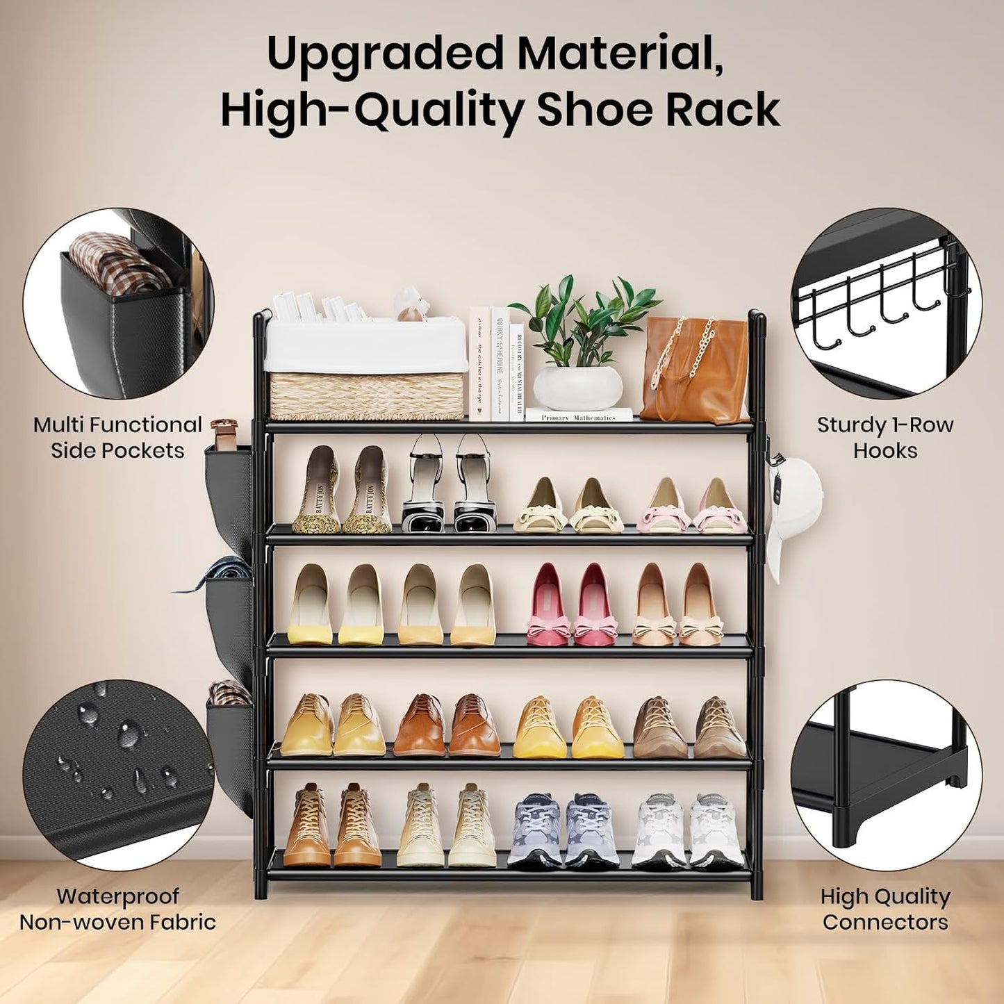5 Tier Shoe Rack with Hook and Side Pocket,Shoe Organizer Space Saver Storage for 20-25 Pair Shoe Storage Shelf Sturdy Free Standing Long Shoe Rack Organizer for Closet,Entryway,Small Spaces