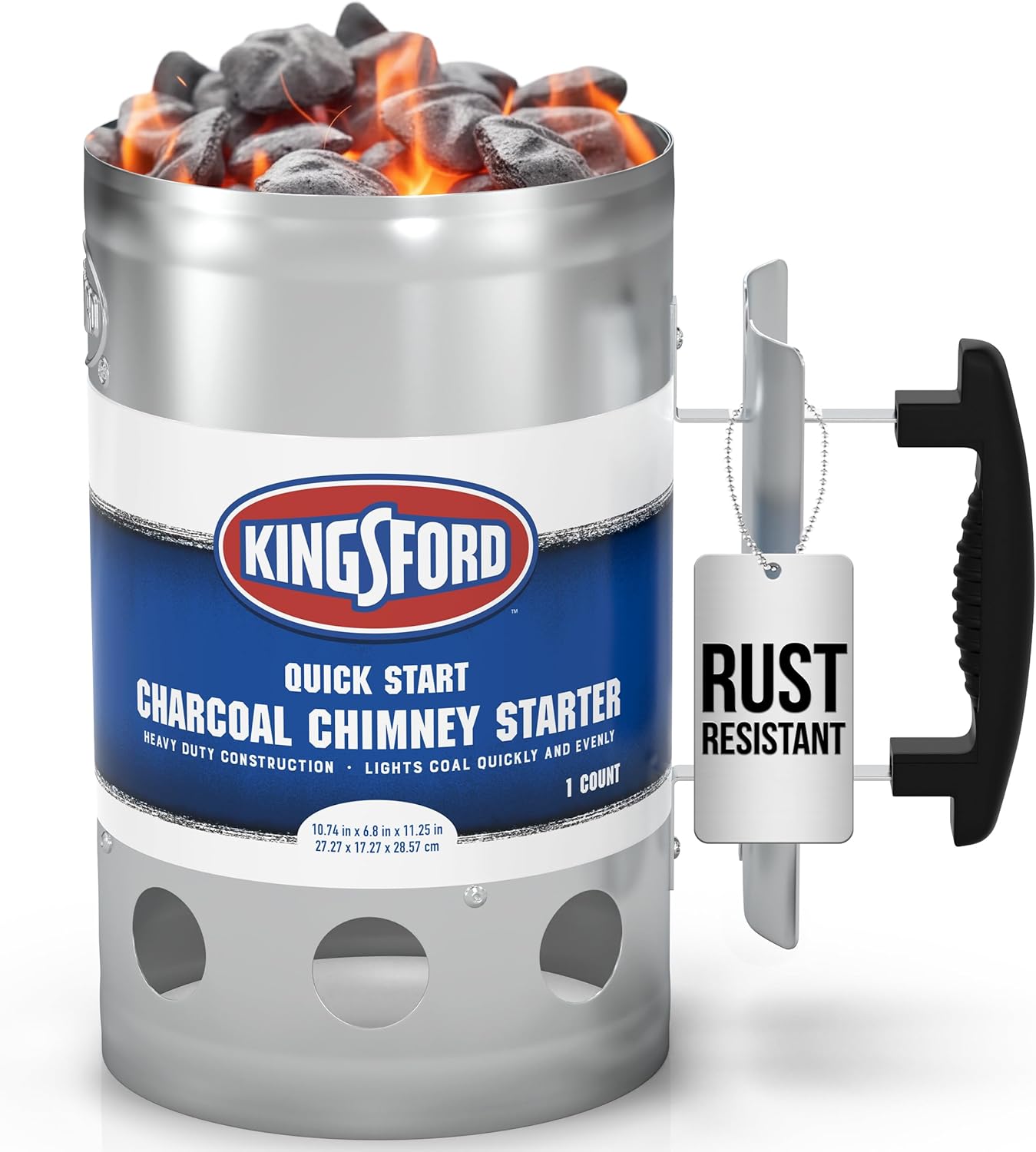 KINGSFORD Heavy Duty Deluxe Charcoal Chimney Starter | BBQ Chimney Starter for Charcoal Grill and Barbecues, Compact Easy to Use Chimney Starters and BBQ Grill Tools, Silver
