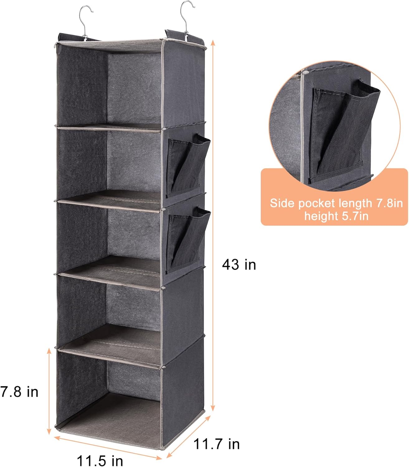 BOOMIBOO Hanging Closet Organize and Shelves，5-Hanging Shelf with 2 Side Pockets，Storage Foldable （Grey）