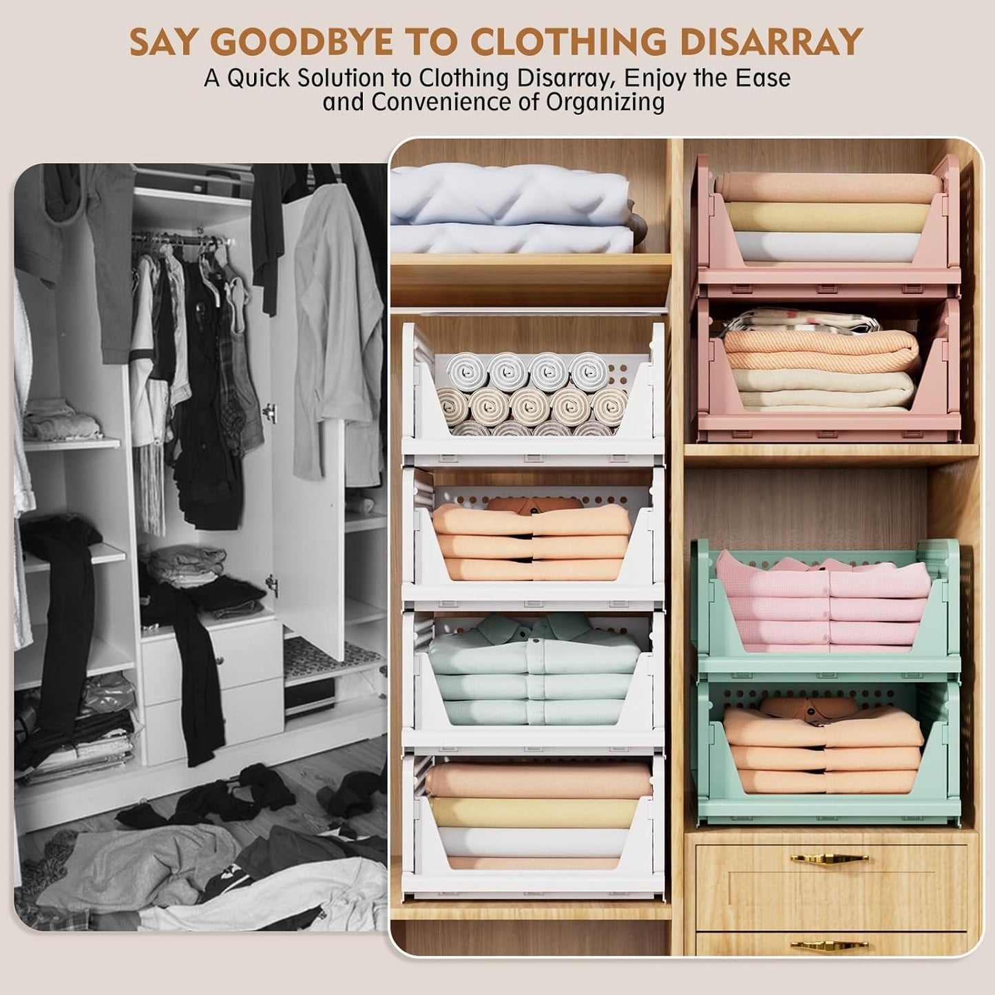 SNSLXH 5 Pack Stackable Closet Storage Basket, Multifunctional & Foldable Closet Organizer for Bathroom Kitchen Laundry Room Wardrobe Storage, Space-Saving Clothes Storage Drawer Organizer, White