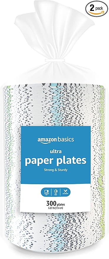 Basics Ultra Paper Plates, 6.87 Inch, Disposable, 600 Count (2 Pack of 300), Microwave-Safe, Soak Proof, Cut Resistant
