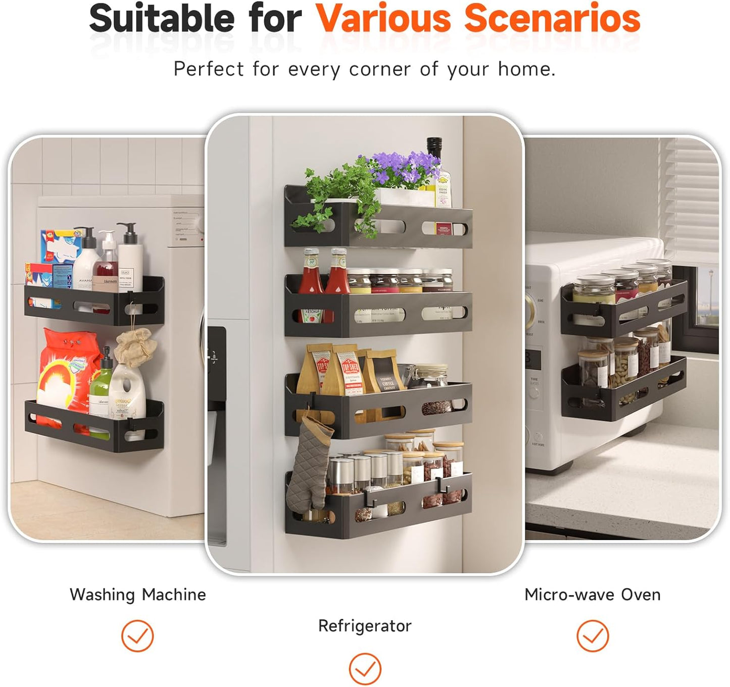 4 Pack Strong Magnetic Spice Rack for Refrigerator, Multipurpose Magnetic Shelf for Fridge with 4 Hooks for kitchen and Bathroom Organization, Black