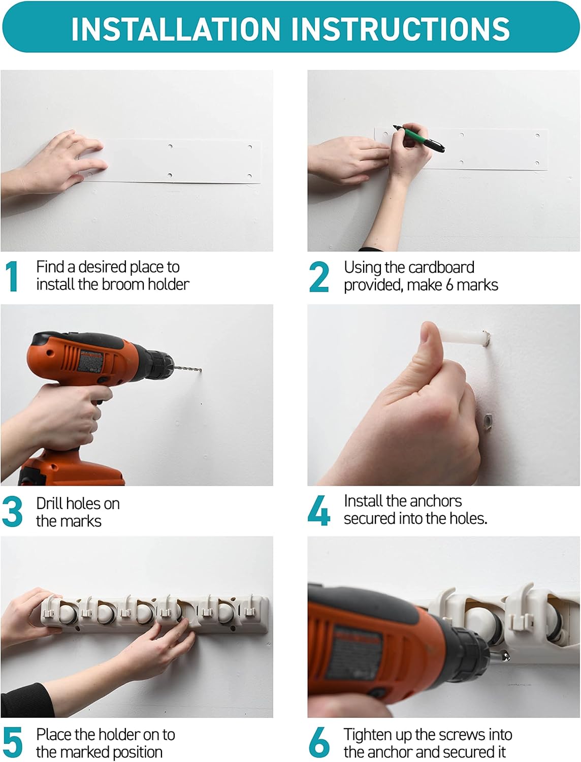 HOME IT Mop And Broom Holder Wall Mount - Garage Storage Systems with 5 Slots, 6 Hooks, 7.5lbs Capacity Per Slot - Garden Tool Organizer For Home, Kitchen, Closet, Garage, Laundry Room - Off-White