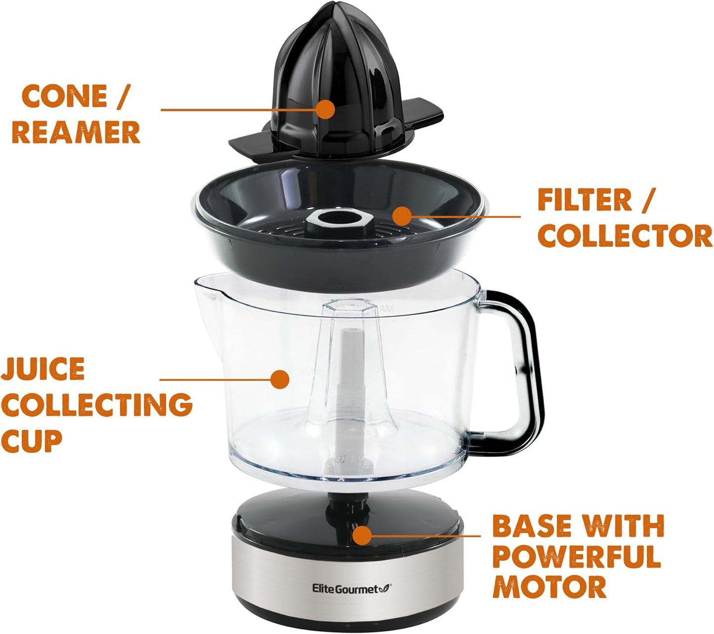 Elite Gourmet ETS623 BPA-Free 40-Watt Electric Citrus Juicer, Compact, Large Volume, Pulp Control, Oranges, Lemons, Limes, Grapefruits with Easy Pour Spout, 24oz, Black/Stainless Steel