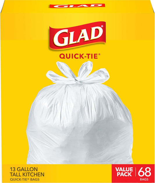 Glad Tall Kitchen Trash Bags 13 Gallon, Unscented Garbage Bags, Quick-Tie, 68 Count