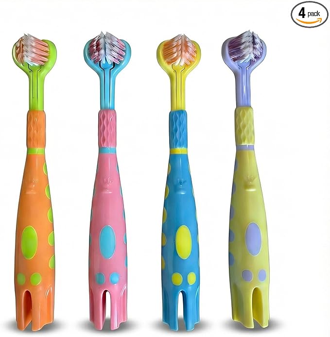 Toddler Toothbrush 4 Pack, Ultra Soft Bristles Kids Toothbrush for Ages 3-12 Years, 3-Sided Design with Tongue Scraper, Non-Slip Handle,Colorful Oral Care Set for Boys & Girls. (4)