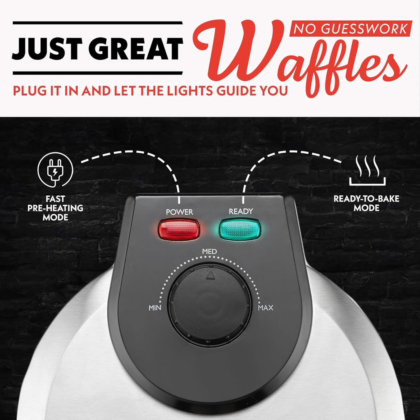 Gourmia Belgian Waffle Maker – Compact Design with Upright Storage, Adjustable Browning, and Easy-Clean Nonstick Ceramic Plates, Stainless Steel