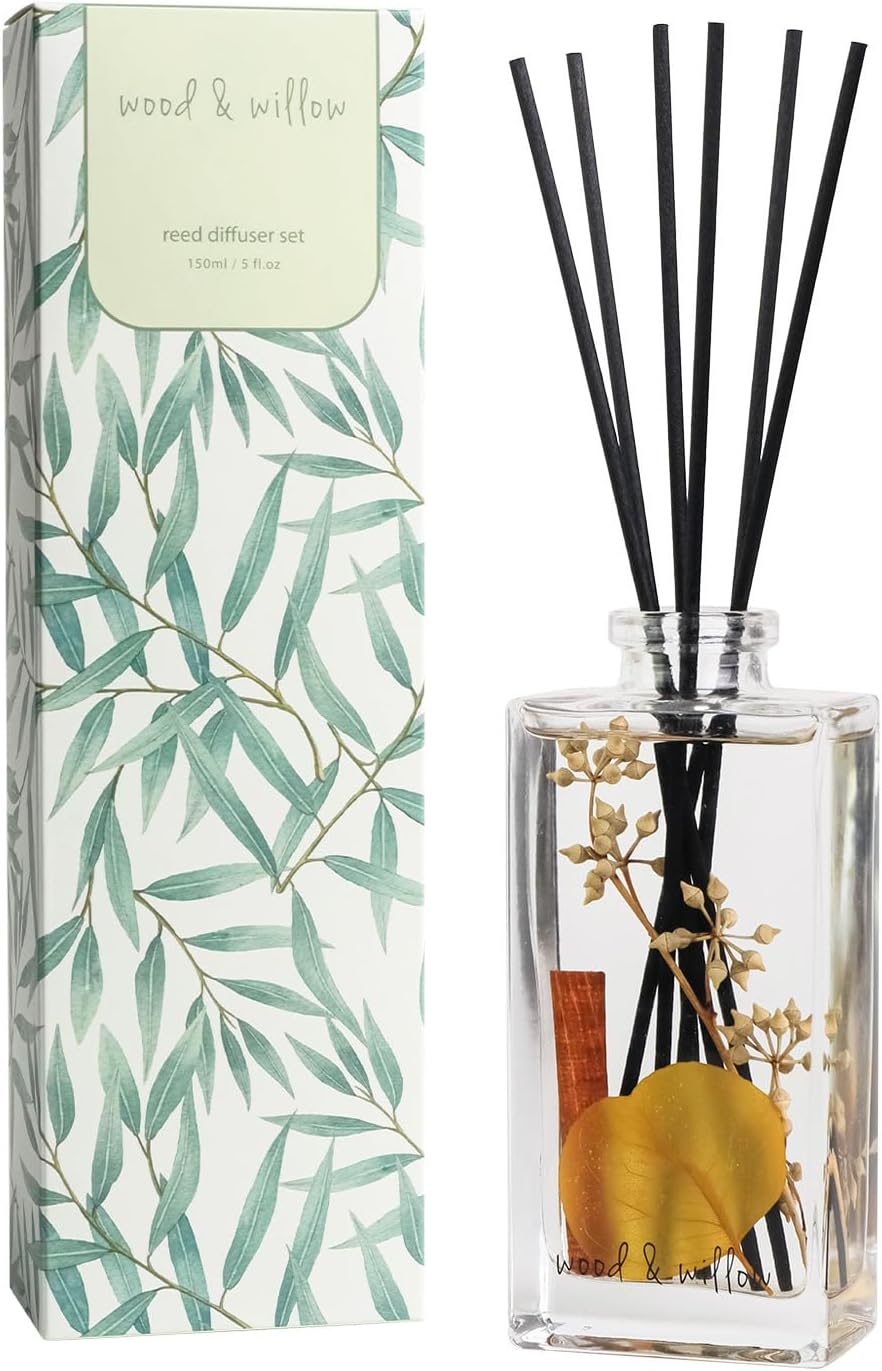 Wood & Willow Reed Diffuser Set with Dried Flowers, 5 fl. oz., Long-Lasting Home Fragrance - Wild Rose & Oud, Red Berry & Oak, Bergamot & Amber, Decorative Floral Design (Bergamot & Amber)