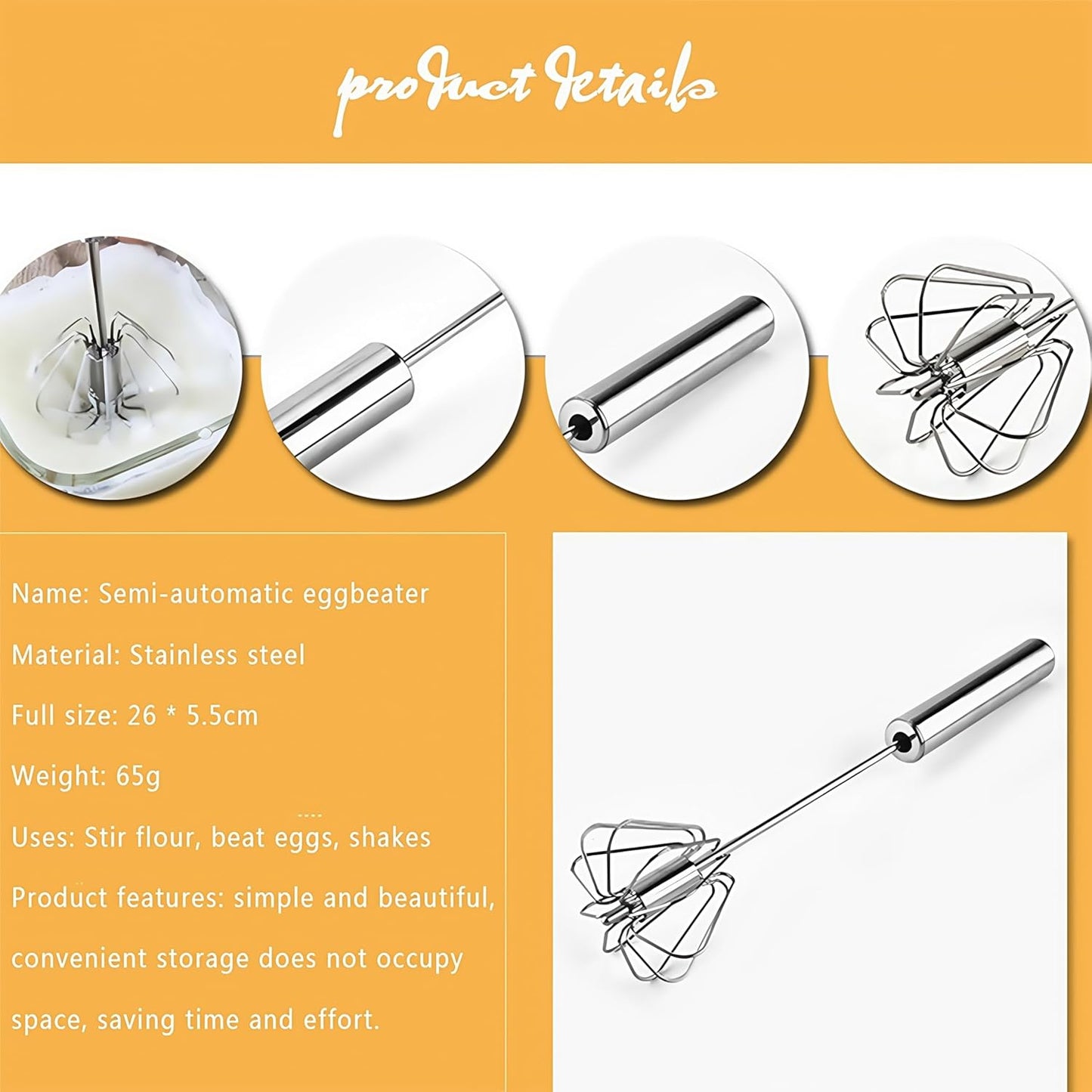Stainless Steel Egg Whisk, Hand Push Rotary Whisk Blender, Versatile Milk Frother, Hand Push Mixer Stirrer for Blending, Whisking, Beating & Stirring (12in)