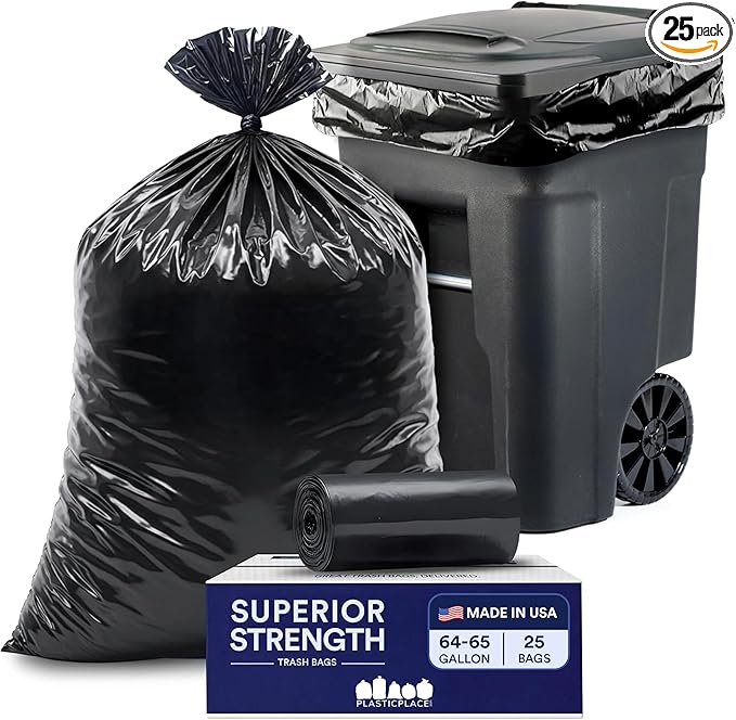 Plasticplace 64-65 Gallon Black Trash Bags, Heavy Duty Toter Can Liners, Tear & Leak-Proof, Industrial Strength, 25 Count, Large Garbage Bags for Kitchen & Commercial Use 1.2 Mil, 50" x 60"
