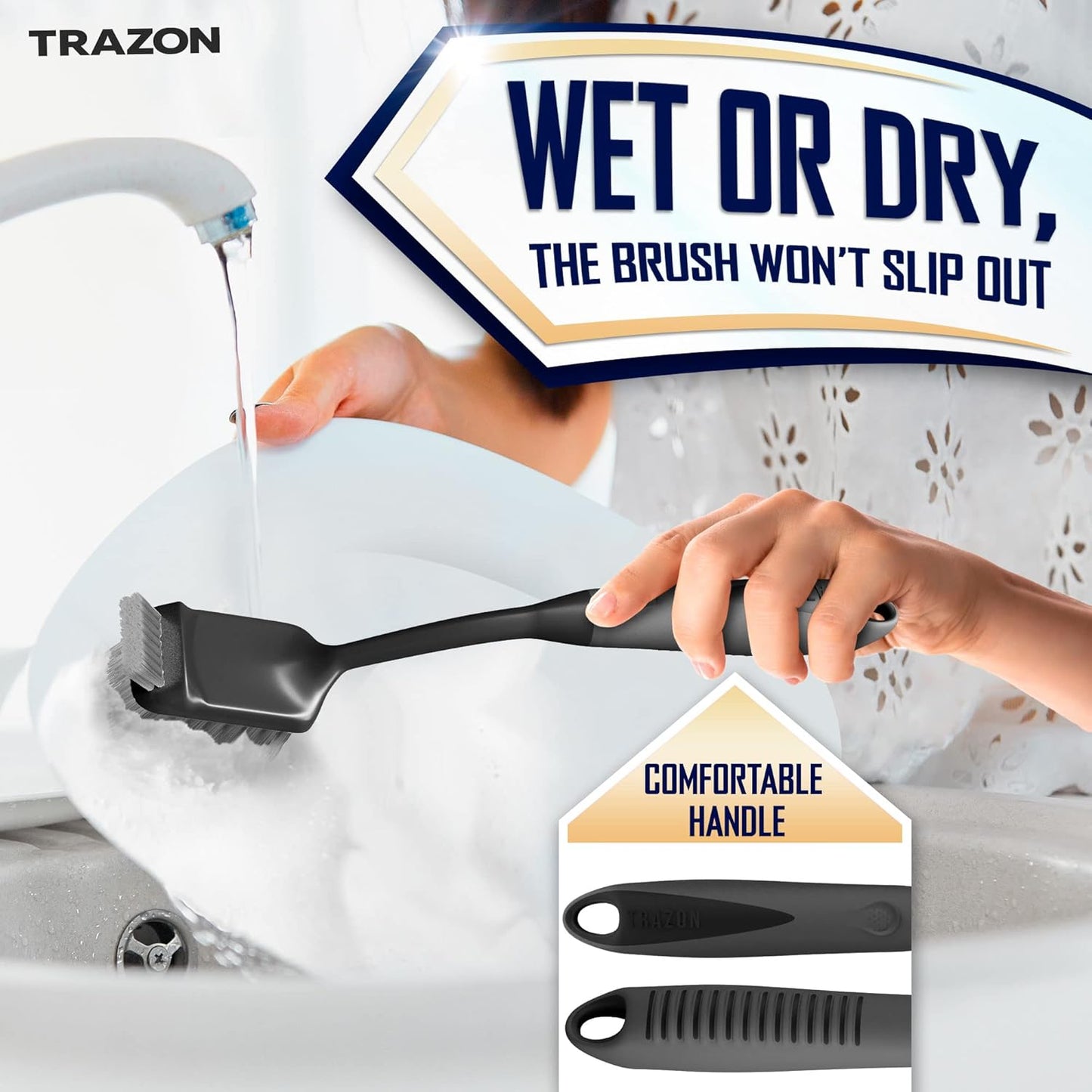 Dish Brush Set of 4 - Kitchen Scrub Brushes with Non-Slip Long Handle for Cleaning, Scrubber, Dishwashing, Dishes, Bottles, Straws, Cups, Pots & Sink, Black