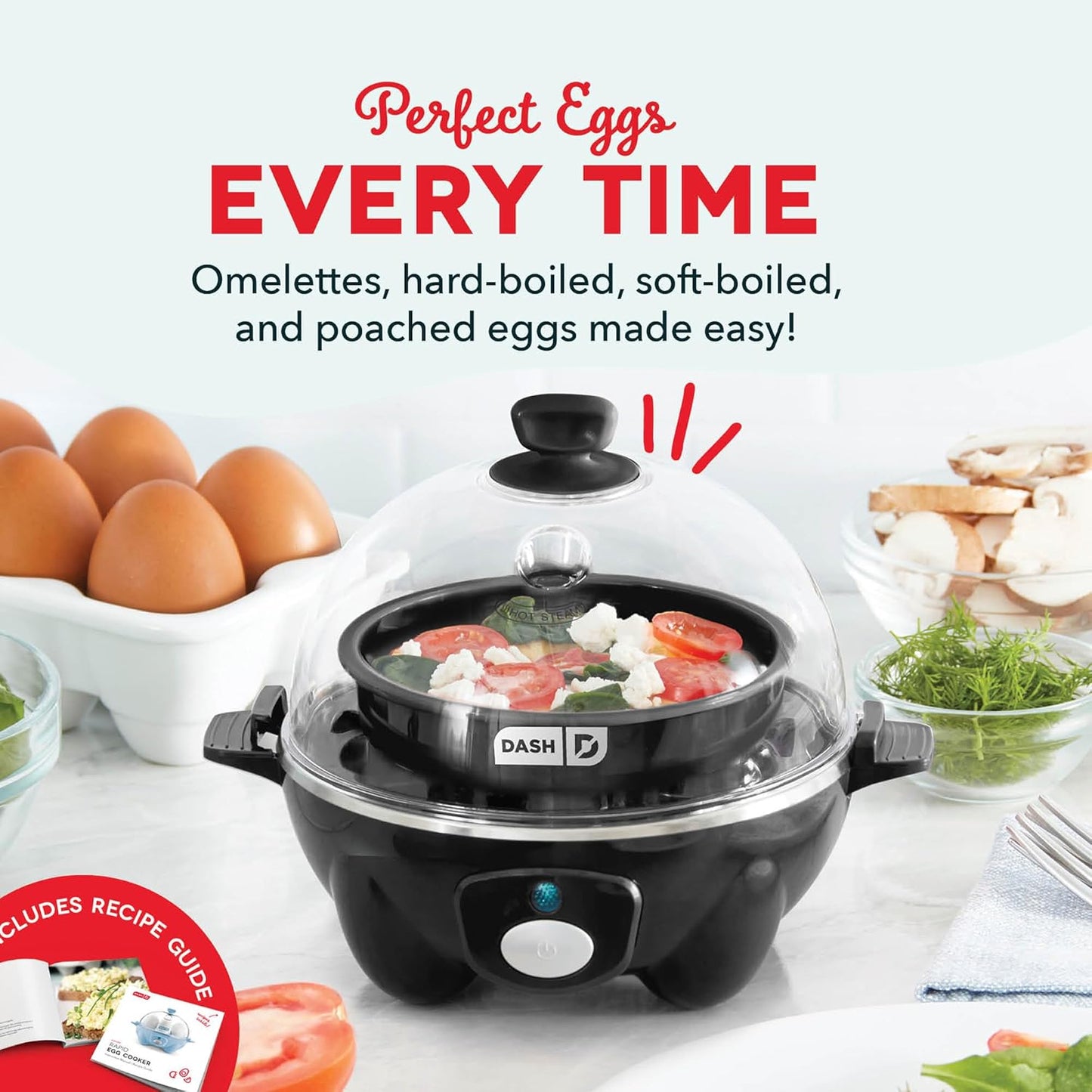 DASH Electric Rapid Egg Cooker for Hard Boiled/Poached/Scrambled Eggs or Omelets with Auto Shut-Off Feature, Black, 7 Egg Capacity