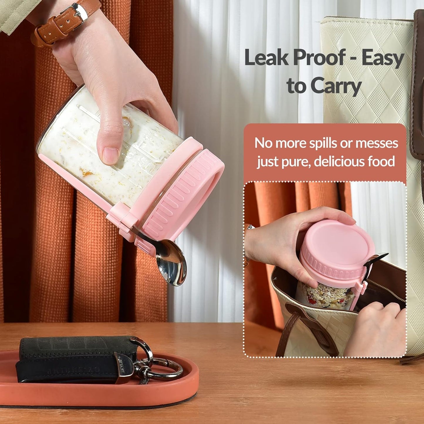 4 Pack Overnight Oats Containers with Lids and Spoons - DRKIO 16 Oz Glass Mason Jars for Overnight Oats Leak Proof Oatmeal Container Great for Cereal Fruit Vegetable Milk Salad Yogurt Meal Prep