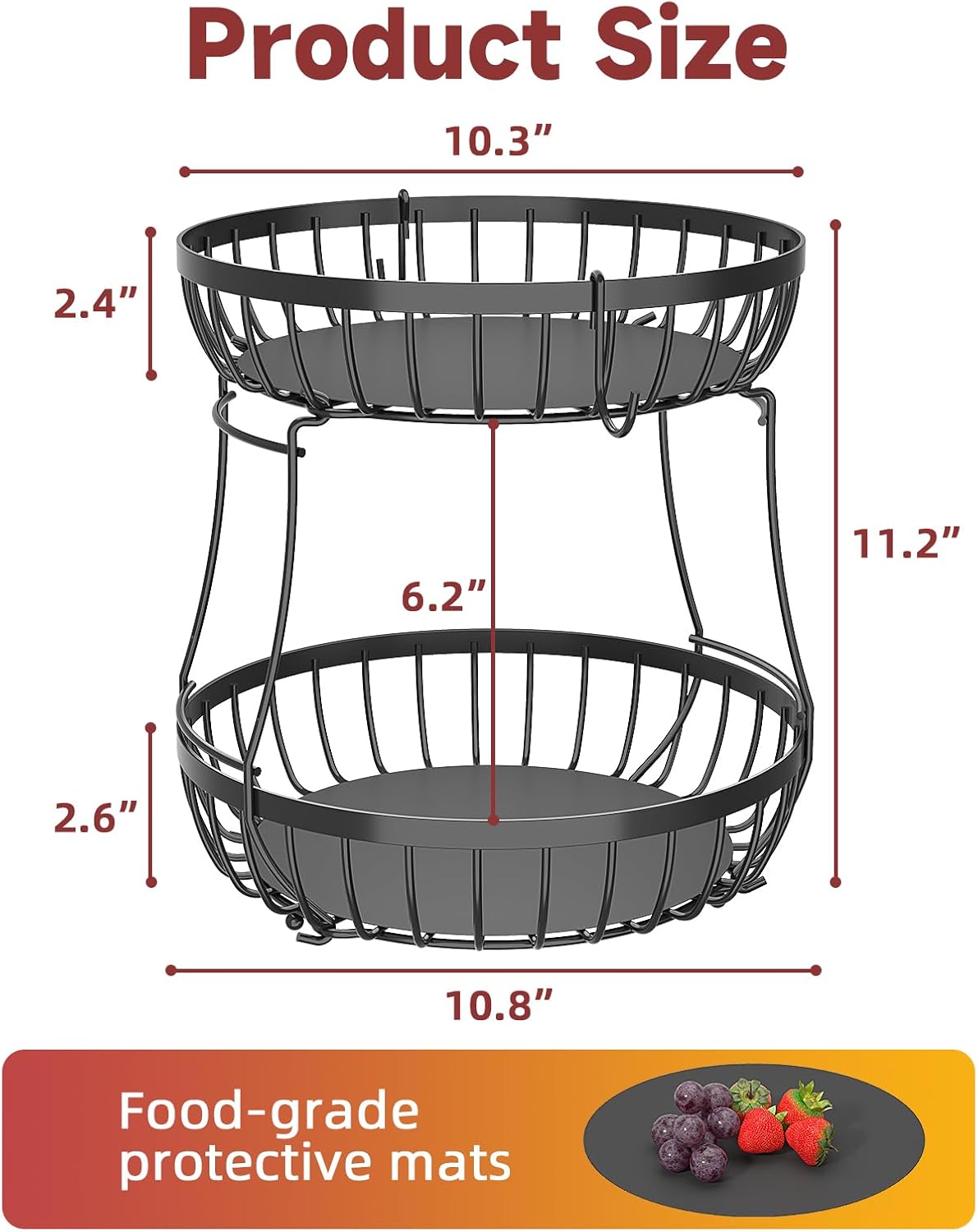 Sevenblue 2 Tier Large Fruit Basket for Kitchen Counter with 2 Banana Hangers, Metal Stackable Fruit Bowl for Kitchen Counter for Bread Vegetable Fruits, Black