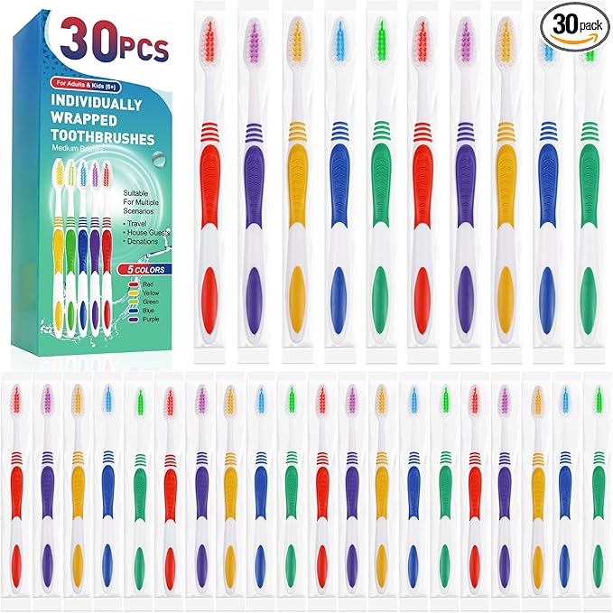 Navona 30 PCS Premium Individually Wrapped Bulk Toothbrush Pack, Disposable Toothbrushes, Kids Toothbrush, Medium Soft Bristle Toothbrushes, Ergonomics Handle, Perfect for Travel Hotel Donation