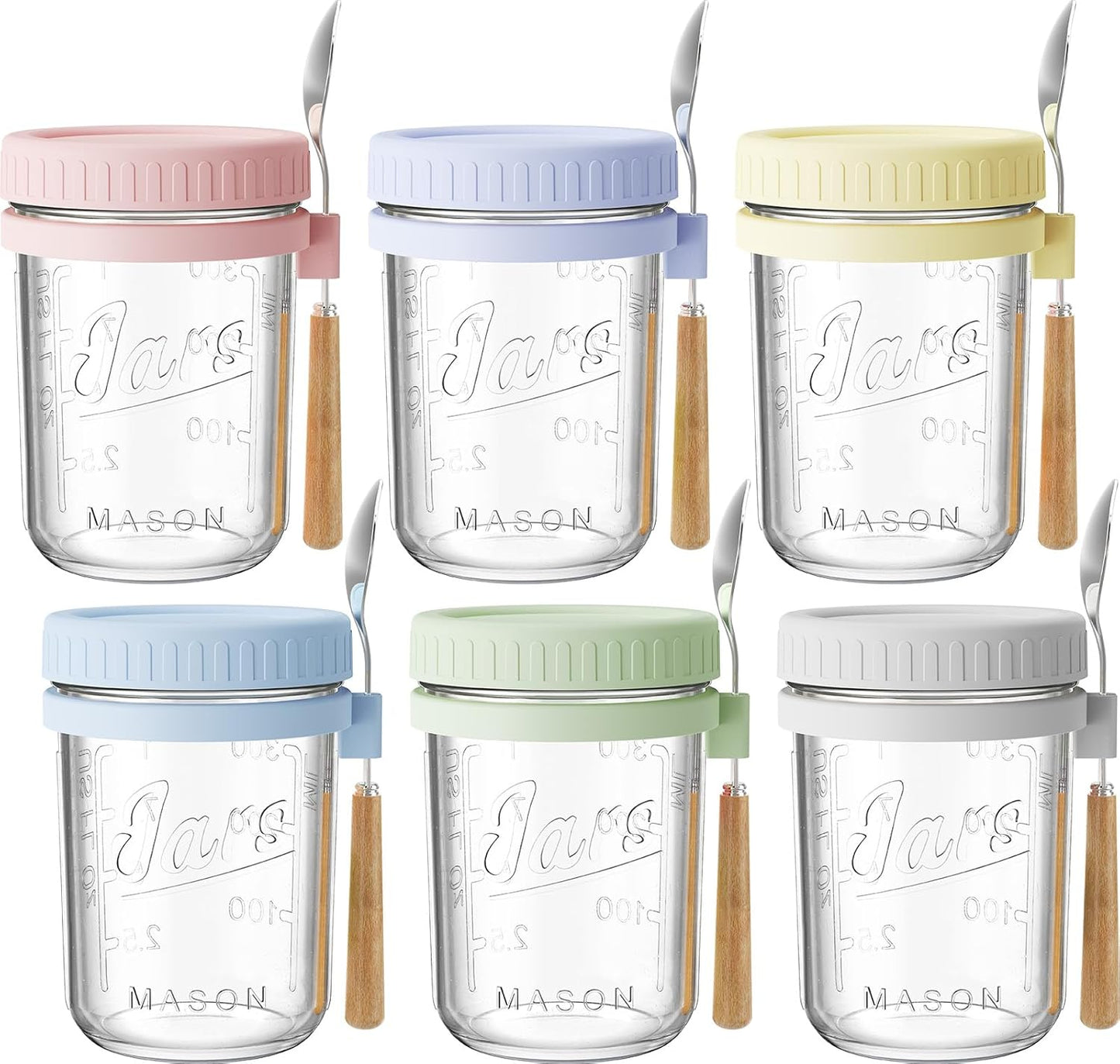 16oz Overnight Oats Containers with Lids and Spoons, 6 Pack Wide Mouth Mason Jars with Airtight Lids, Overnight Oats Jars for Salad, Chia Seed, Cereal, Yogurt