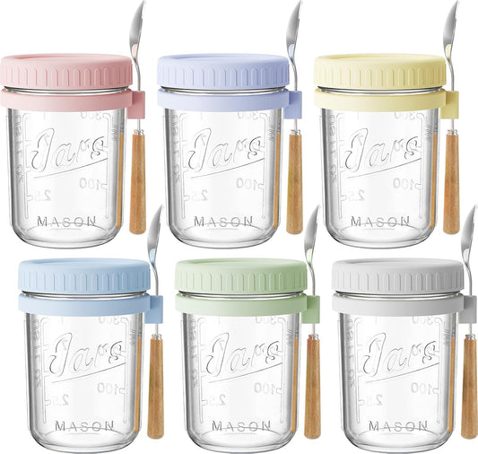 16oz Overnight Oats Containers with Lids and Spoons, 6 Pack Wide Mouth Mason Jars with Airtight Lids, Overnight Oats Jars for Salad, Chia Seed, Cereal, Yogurt